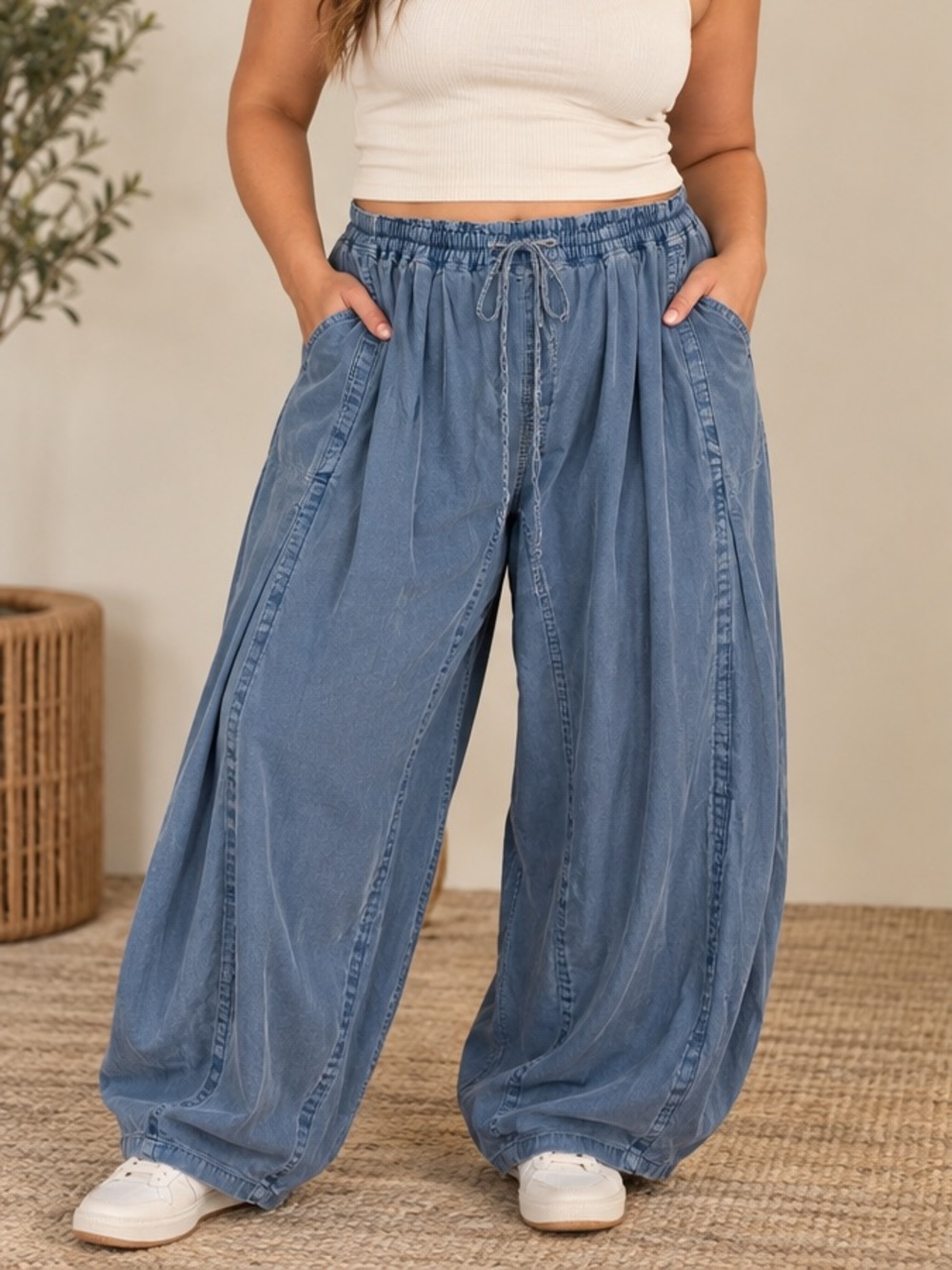 Pilcro Anthropologie The Mossa Parachute Pants XL Blue Linen Blend Baggy Y2K